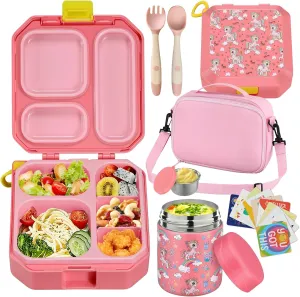 Bento Lunch Box for Kids with 12oz Soup Thermo Leak-Proof Lunch Food Container with 5 Compartment Thermo Hot Food Jar and Insulated Lunch Bag for Kid Toddler Girls Boys to School