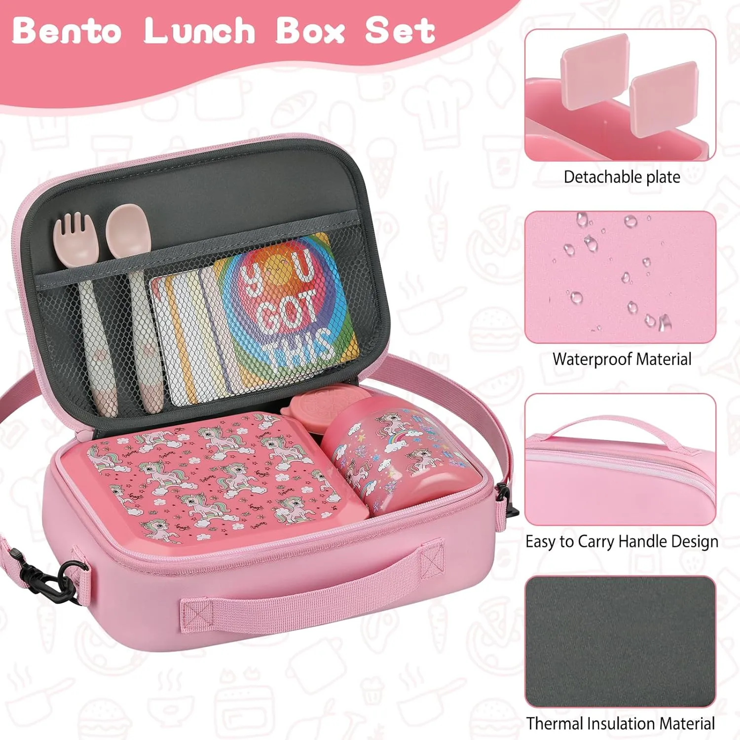Bento Lunch Box for Kids with 12oz Soup Thermo Leak-Proof Lunch Food Container with 5 Compartment Thermo Hot Food Jar and Insulated Lunch Bag for Kid Toddler Girls Boys to School