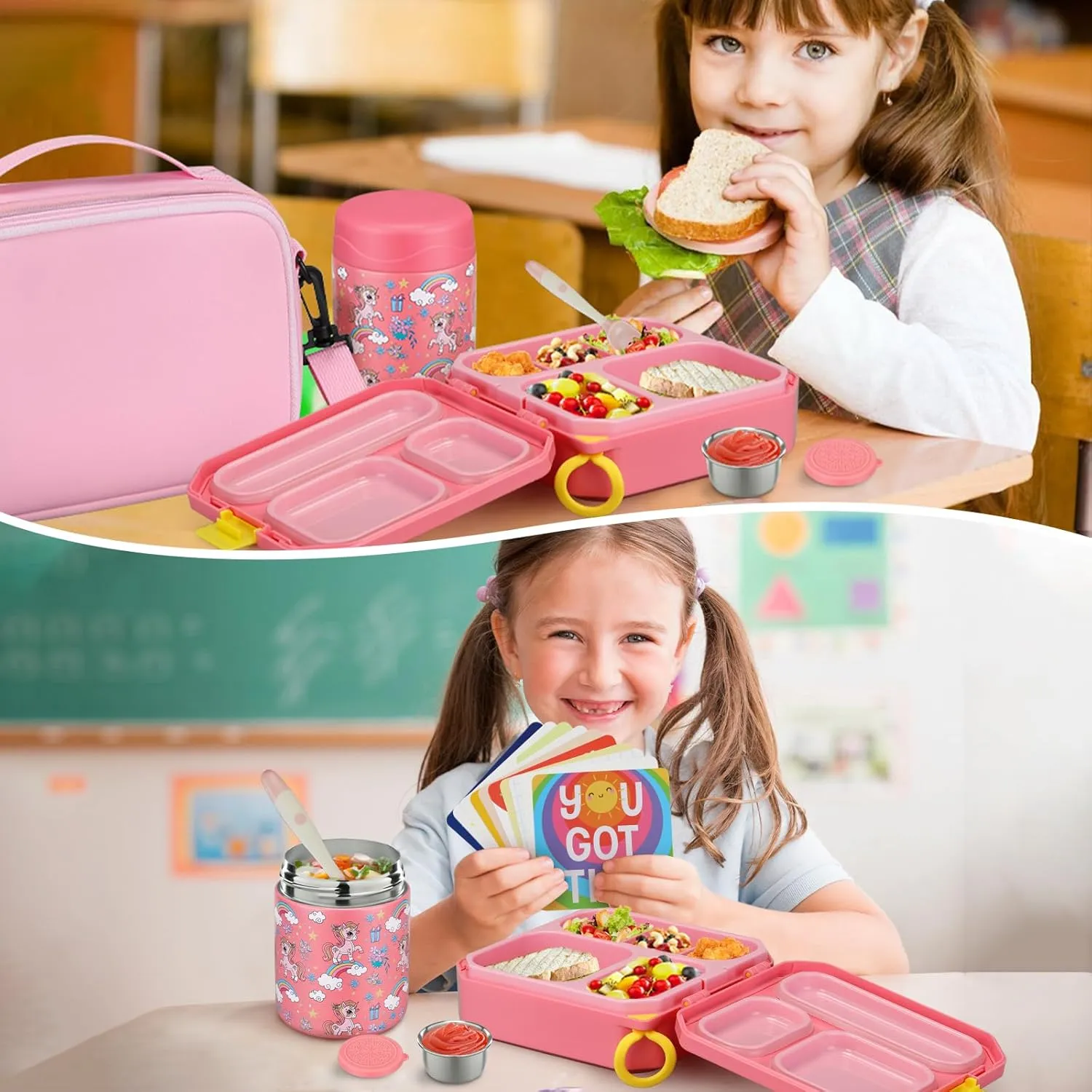 Bento Lunch Box for Kids with 12oz Soup Thermo Leak-Proof Lunch Food Container with 5 Compartment Thermo Hot Food Jar and Insulated Lunch Bag for Kid Toddler Girls Boys to School