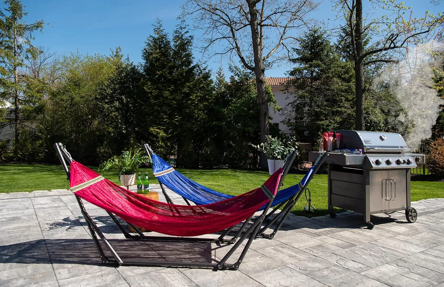 Best Home Fashion Hammock for 2 Persons with Collapsible Steel Stand 600 lbs Capacity- Portable Carrying Case, Adjustable, Perfect for Camping Beach Patio, EZ Daze Foldable Hammock with Stand- RED