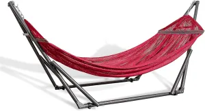 Best Home Fashion Hammock for 2 Persons with Collapsible Steel Stand 600 lbs Capacity- Portable Carrying Case, Adjustable, Perfect for Camping Beach Patio, EZ Daze Foldable Hammock with Stand- RED