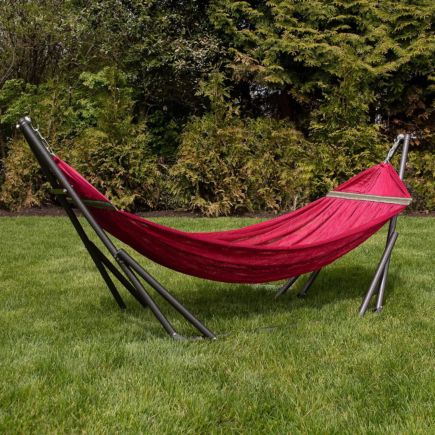 Best Home Fashion Hammock for 2 Persons with Collapsible Steel Stand 600 lbs Capacity- Portable Carrying Case, Adjustable, Perfect for Camping Beach Patio, EZ Daze Foldable Hammock with Stand- RED
