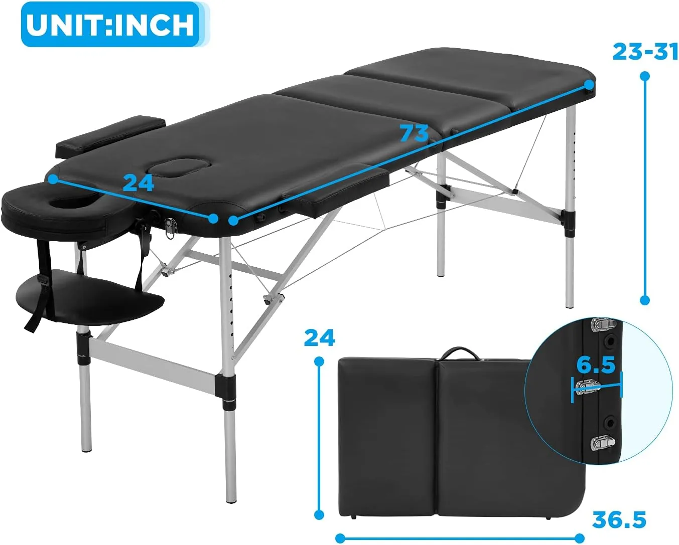 BestMassage Aluminium Massage Bed Portable Massage Table 24 inche Wide Lash Bed Heigh Adjustable 3 Folding Spa Table with Non-Woven Bag for Spa Footmassage Facial CareSpa Tattoo