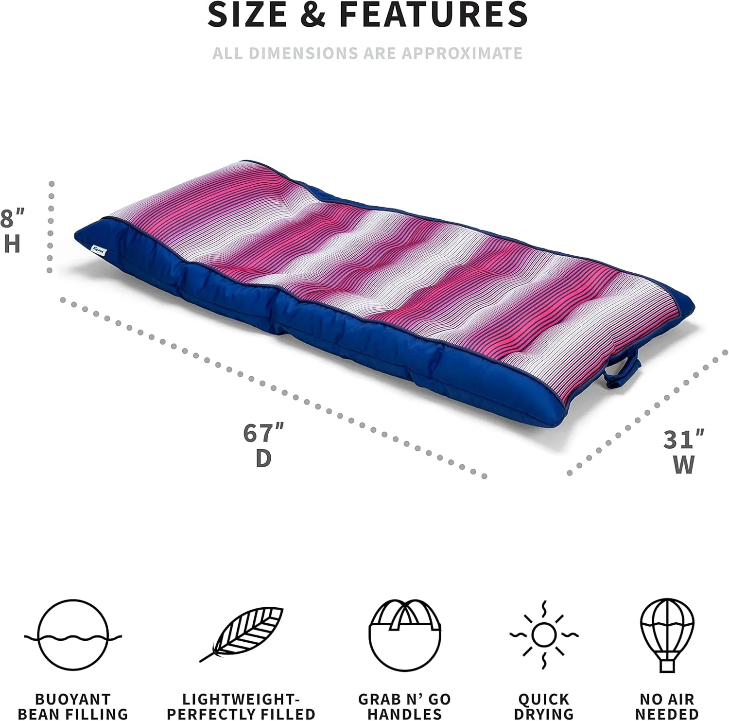 Big Joe Kona Hammock No Inflation Needed Pool Lounger with Headrest, Quick Draining Fabric, 4 feet Big