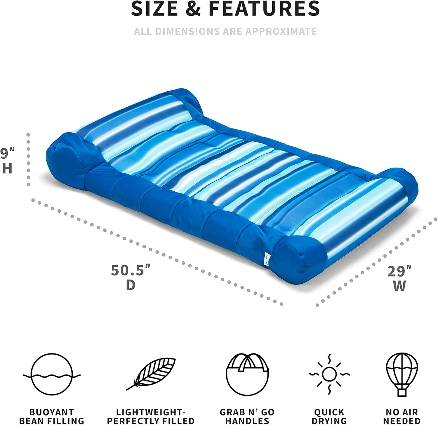 Big Joe Kona Hammock No Inflation Needed Pool Lounger with Headrest, Quick Draining Fabric, 4 feet Big