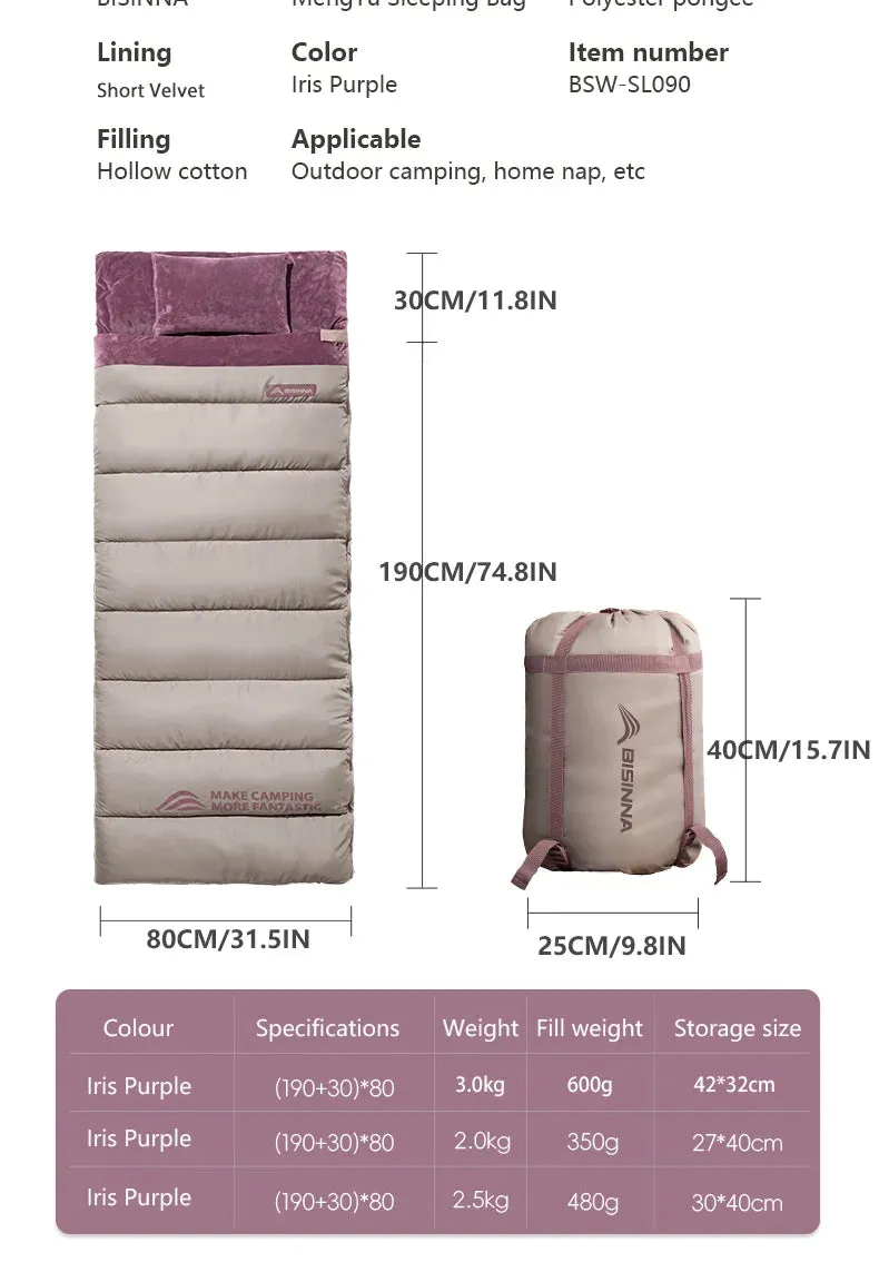 BISINNA Portable Camping Sleeping Bag Lightweight Short Velvet Cotton Winter Sleeping Bag With Pillow Outdoor Traveling Hiking