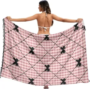 Black and Pink Bow Check Swimwear Cover Ups for Beach Cute Swim Suit Cover Ups Swim Sarong 45x70in