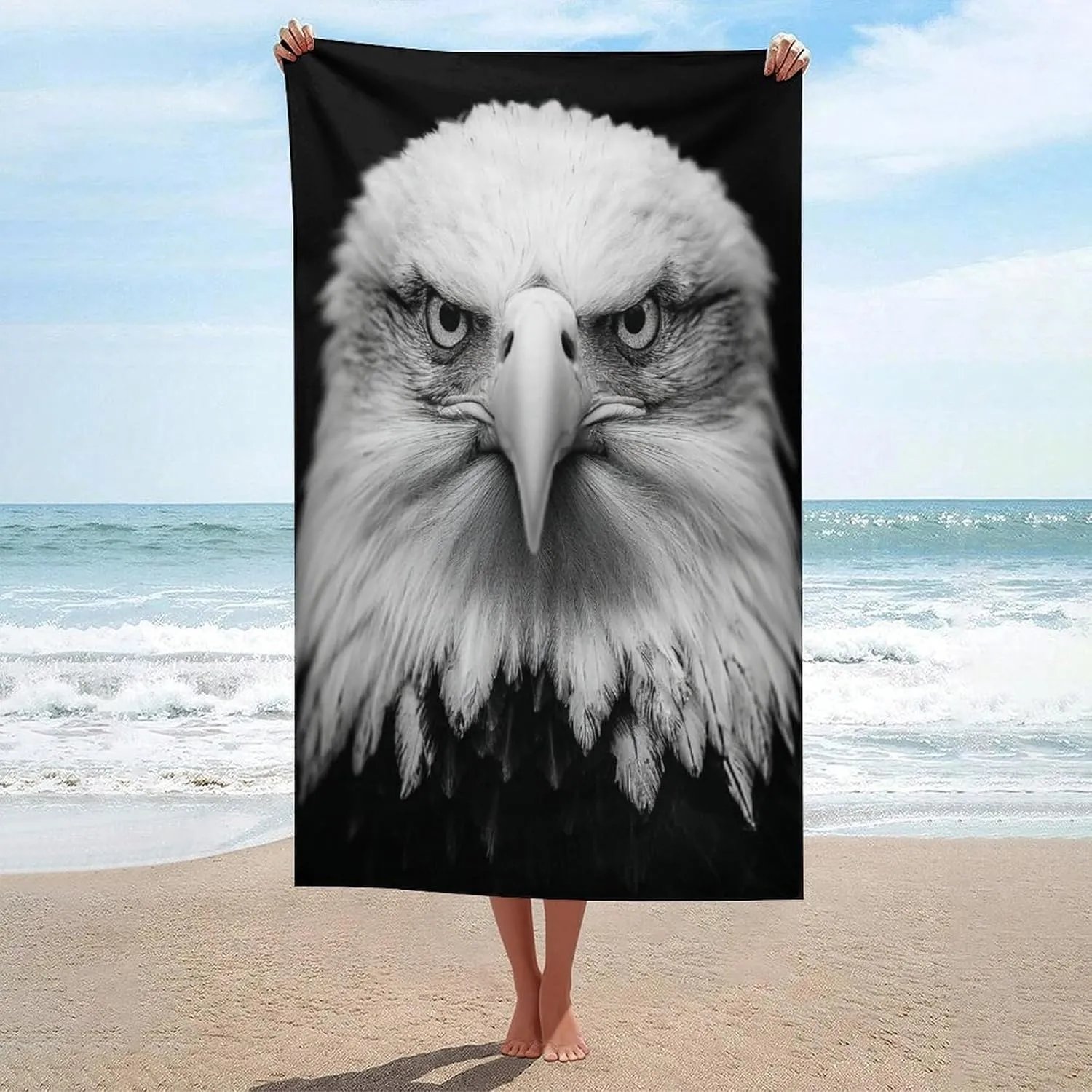Black and White Bald Eagle Beach Towel Sand Free Microfiber Large Shower Towels Multipurpose Absorbent for Bathroom Pool 52x32 Inch