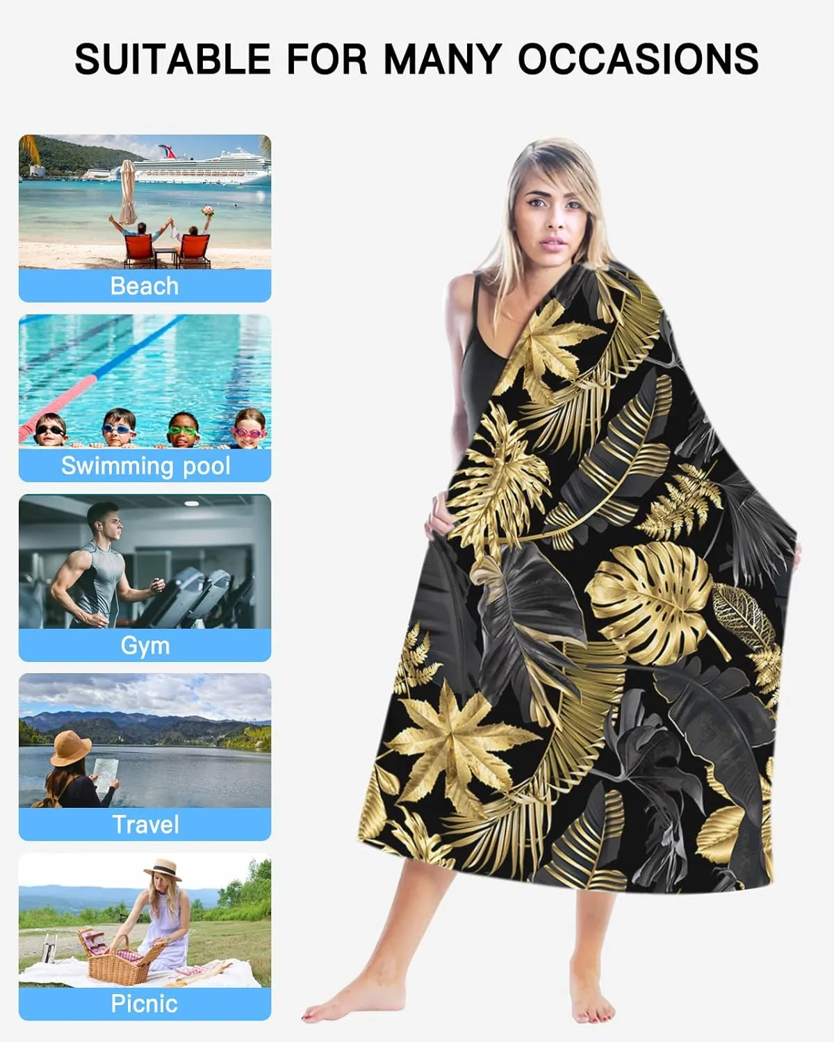 Black Leaves Beach Towel - 31x63 Inch Sand Proof Water Absorbent Travel Towel for Adults, Golden Leaves Layered Reflective Black Base Quick Dry Pool Towel Travel Camping Blanket for Yoga Bathroom