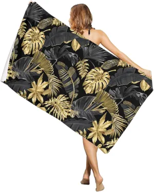 Black Leaves Beach Towel - 31x63 Inch Sand Proof Water Absorbent Travel Towel for Adults, Golden Leaves Layered Reflective Black Base Quick Dry Pool Towel Travel Camping Blanket for Yoga Bathroom