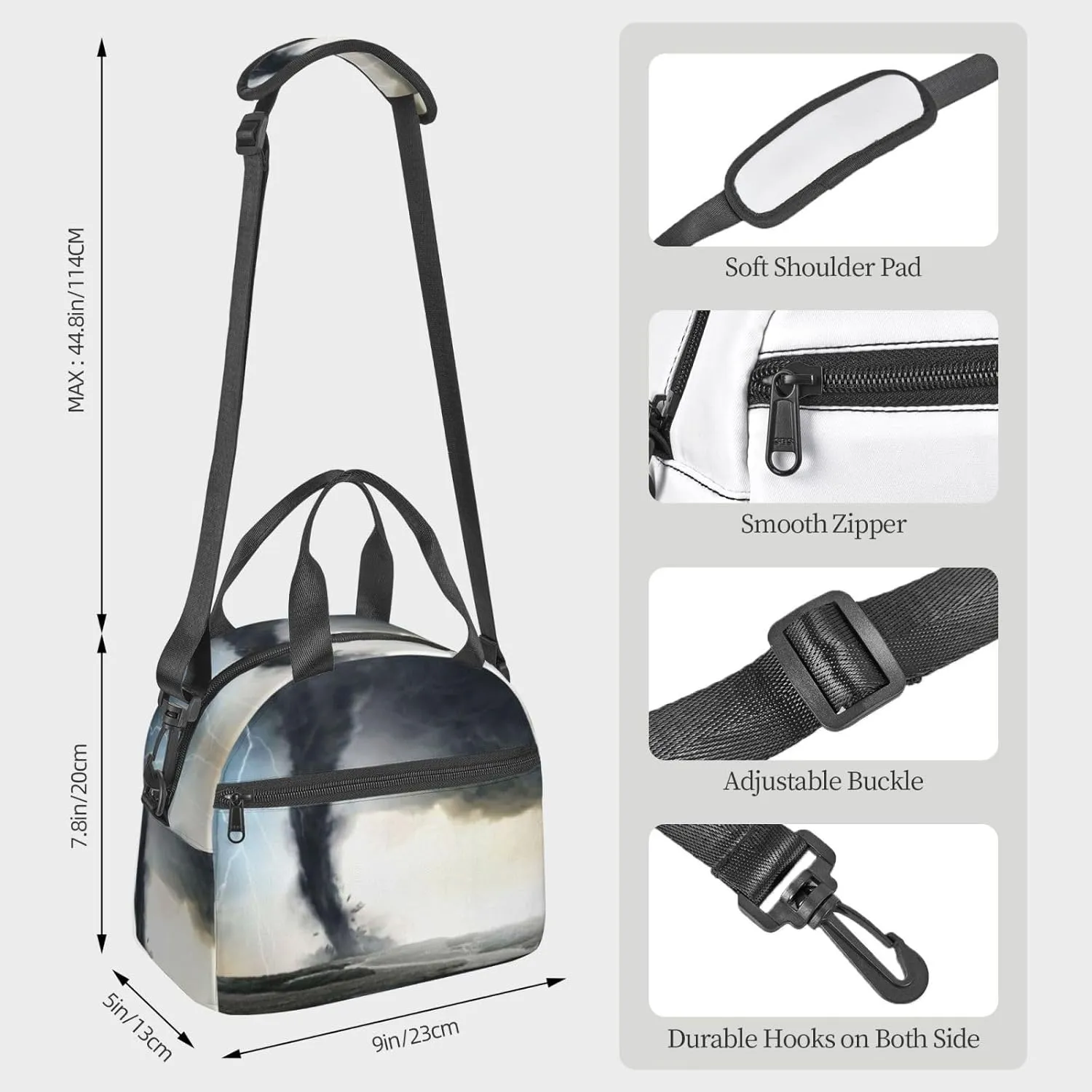 Black Tornado Funnel Lightning Lunch Bag Hand Tote Crossbody Insulated Lunch Bag Large Portable Lunch Box