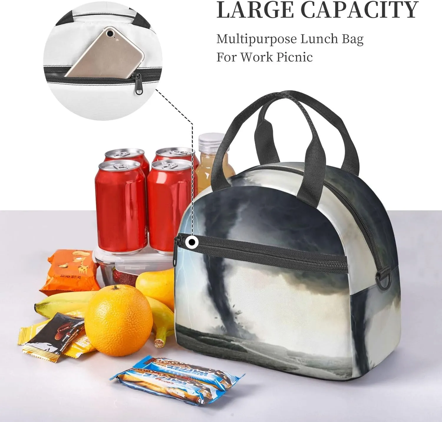 Black Tornado Funnel Lightning Lunch Bag Hand Tote Crossbody Insulated Lunch Bag Large Portable Lunch Box