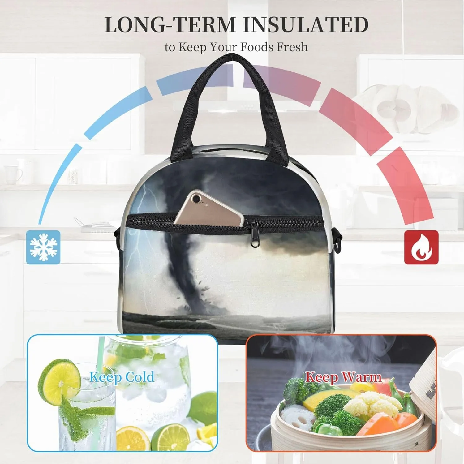 Black Tornado Funnel Lightning Lunch Bag Hand Tote Crossbody Insulated Lunch Bag Large Portable Lunch Box
