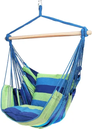 Blissun Hanging Hammock Chair, Hanging Swing Chair with Two Cushions, 34 Inch Wide Seat Blue & Green Stripes (Blue & Green Stripes)