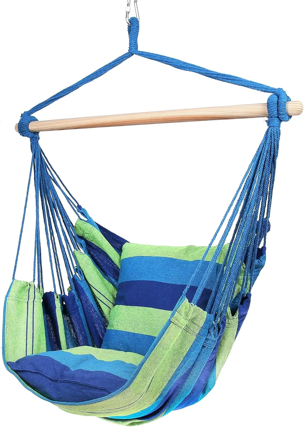 Blissun Hanging Hammock Chair, Hanging Swing Chair with Two Cushions, 34 Inch Wide Seat Blue & Green Stripes (Blue & Green Stripes)