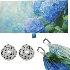 Blue Hydrangea Motto Spring Outdoor Hammock with Tree Straps Rope Hammock for Patio Backyard Lounge Base