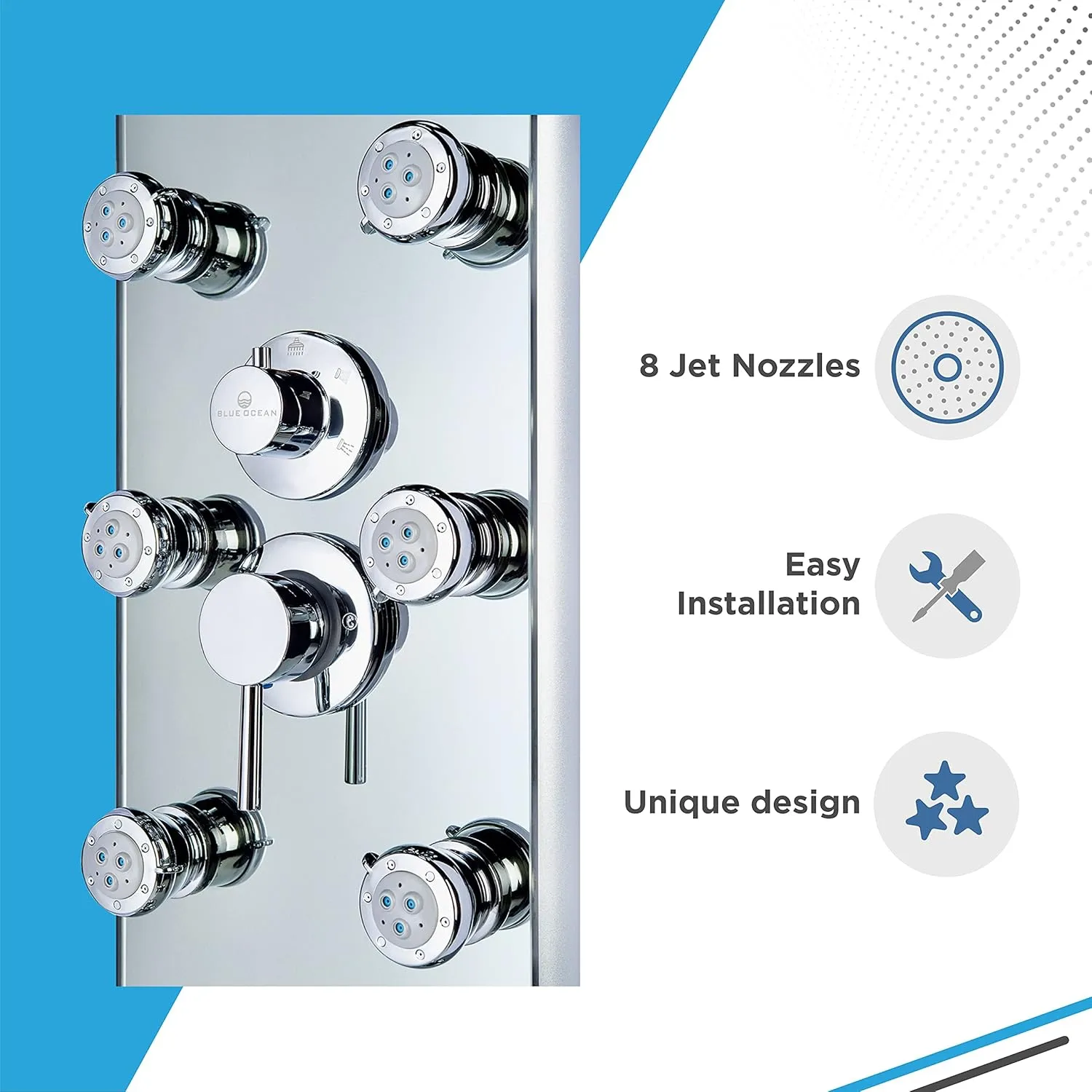 Blue Ocean 52" Aluminum SPA392M Shower Panel Tower System with Rainfall Shower Head and 8 Adjustable Massage Jets