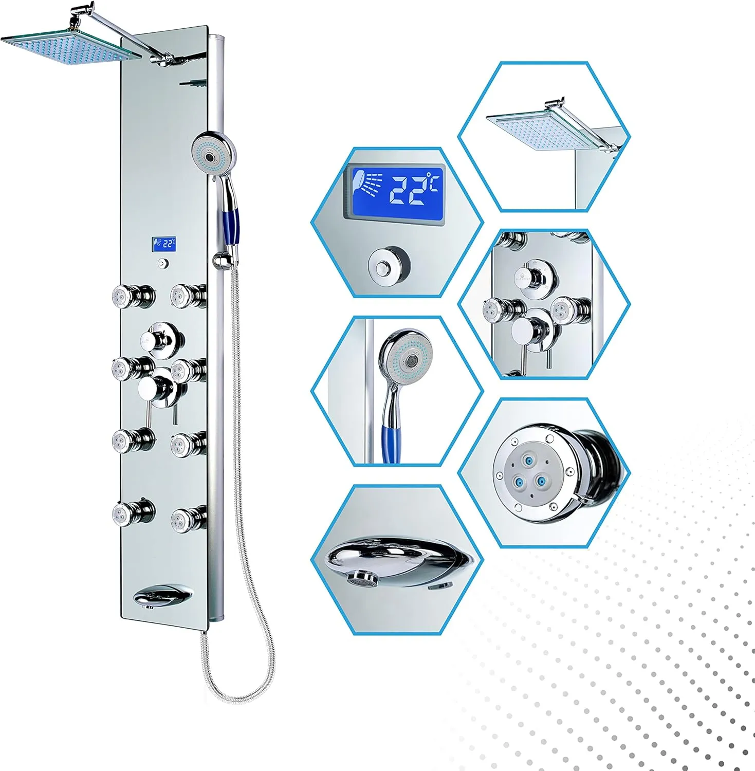 Blue Ocean 52" Aluminum SPA392M Shower Panel Tower System with Rainfall Shower Head and 8 Adjustable Massage Jets