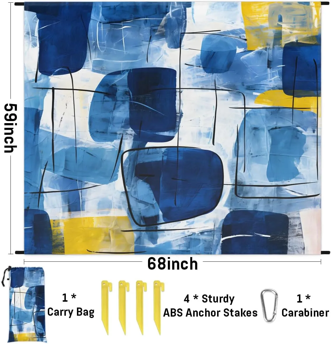 Blue Pattern Beach Blanket, Sandproof Beach Mat, 68 x 59 Waterproof Quick Drying Sand Free Mat with 4 x Ground Spikes for Outdoor Travel Camping Hiking, Watercolor Art