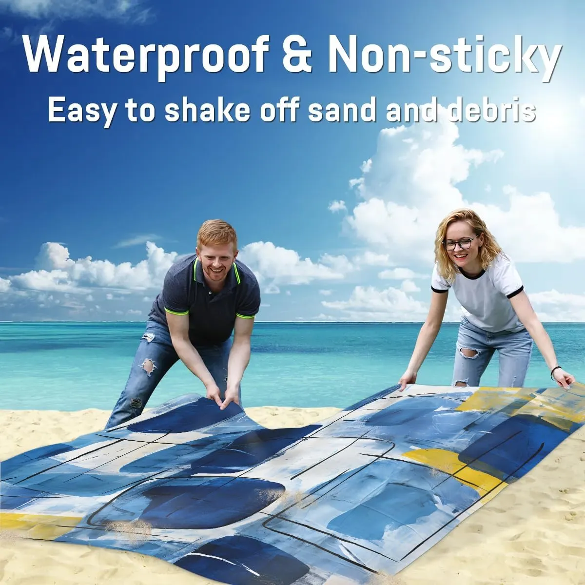 Blue Pattern Beach Blanket, Sandproof Beach Mat, 68 x 59 Waterproof Quick Drying Sand Free Mat with 4 x Ground Spikes for Outdoor Travel Camping Hiking, Watercolor Art