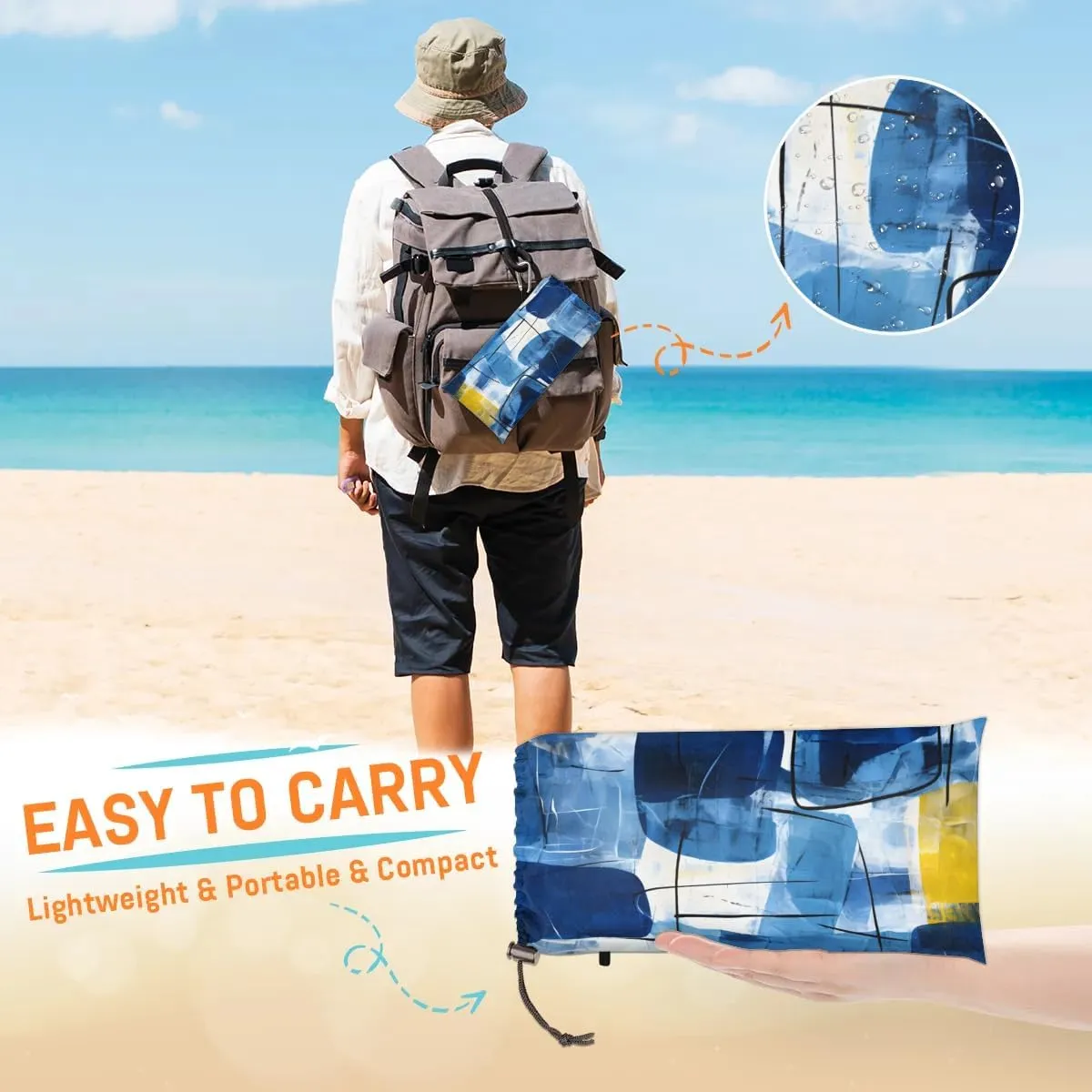 Blue Pattern Beach Blanket, Sandproof Beach Mat, 68 x 59 Waterproof Quick Drying Sand Free Mat with 4 x Ground Spikes for Outdoor Travel Camping Hiking, Watercolor Art