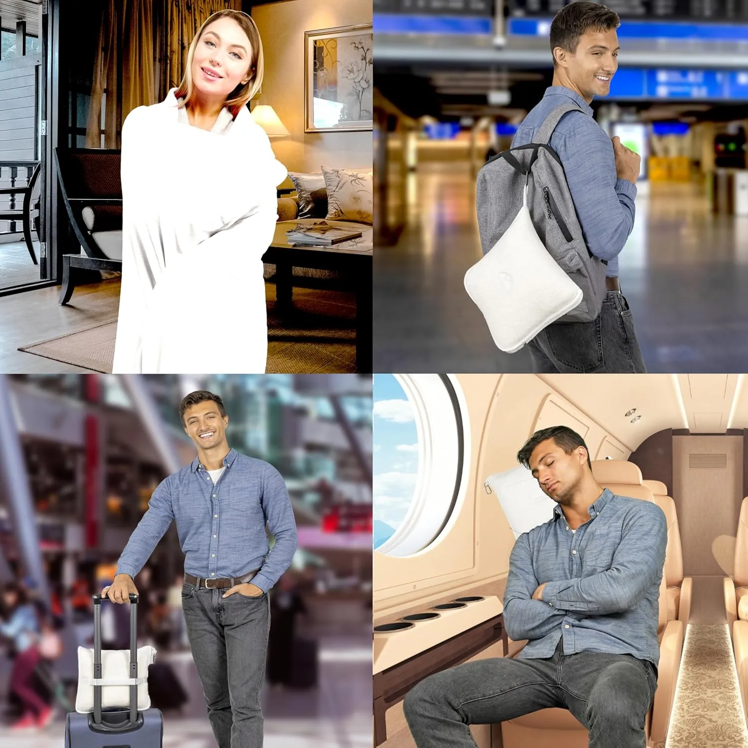 BlueHills Premium Soft Plush Travel Blanket Pillow for Airplane Traveling Essentials in a Bag Flight Throw with Backpack Clip Compact Portable Plane Accessories Ivory White - T025