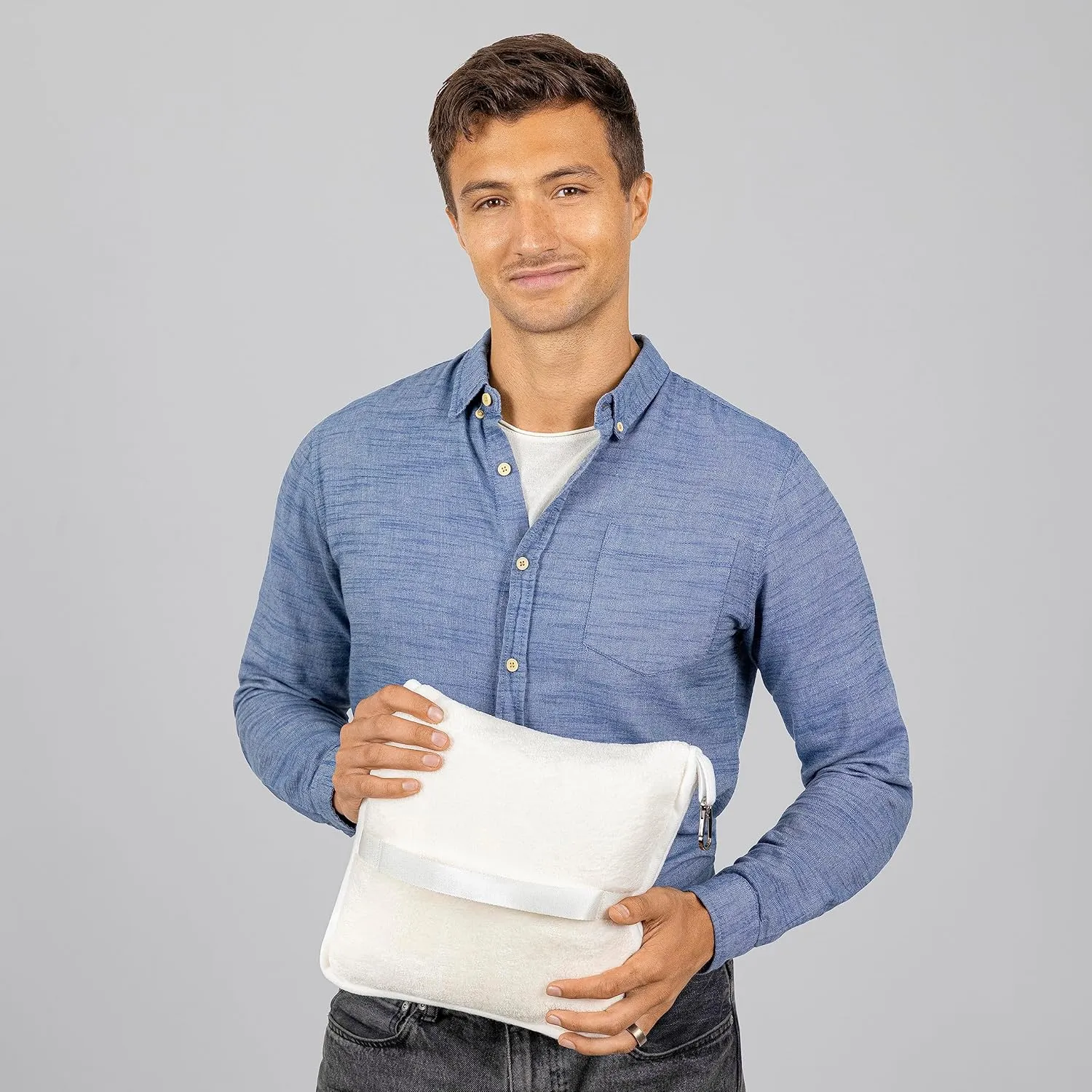 BlueHills Premium Soft Plush Travel Blanket Pillow for Airplane Traveling Essentials in a Bag Flight Throw with Backpack Clip Compact Portable Plane Accessories Ivory White - T025