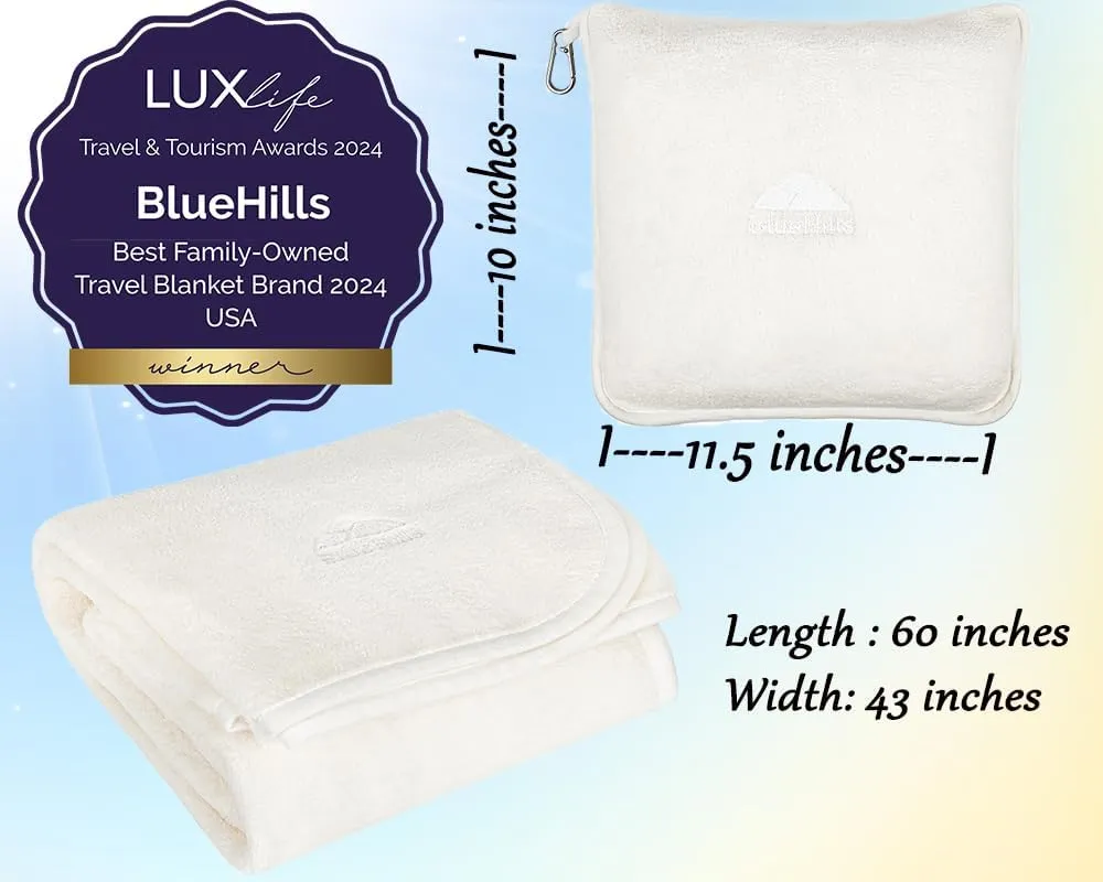 BlueHills Premium Soft Plush Travel Blanket Pillow for Airplane Traveling Essentials in a Bag Flight Throw with Backpack Clip Compact Portable Plane Accessories Ivory White - T025