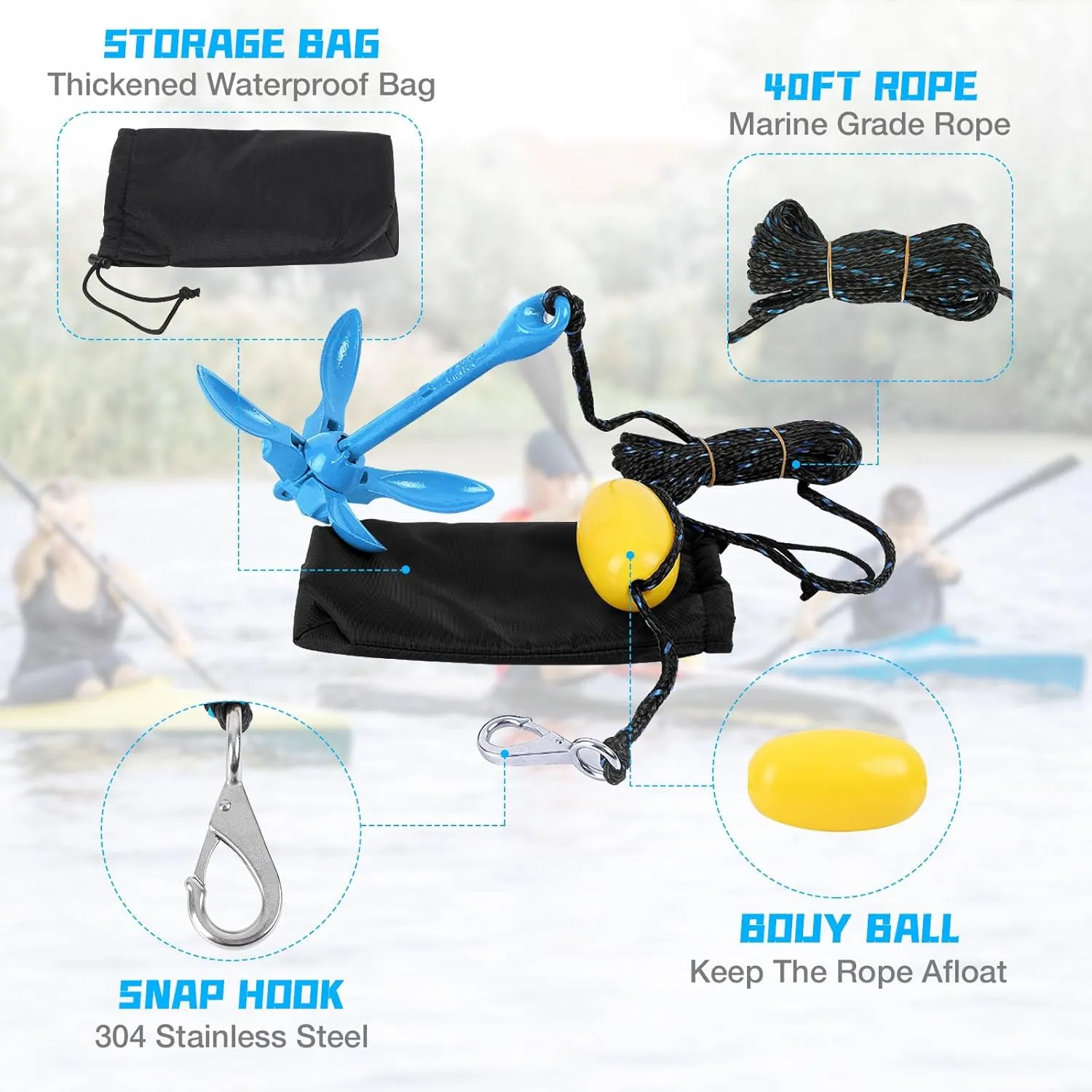 Boat Kayak Anchor Kit 40ft Rope & Storage Bag - Accessories for Kayaks, Canoes, SUP Boards, Small Boats, Jet Skis & PWCs