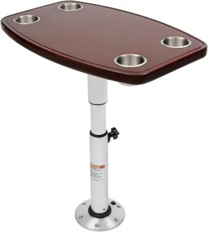 Boat Table, Varnished Removable Marine Table with 4 Cup Holders and Pedestal Base Mount Height Adjustable for Caravan RV Marine Boat, 24" x 15" Rectangle