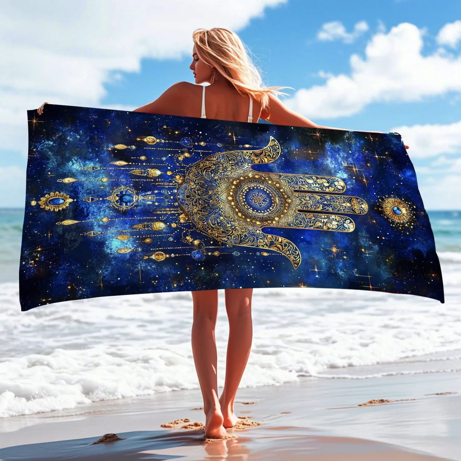Bohemian Mandala Microfiber Beach Towel Blue Hand Design, Quick Dry Absorbent Sand Free Lightweight Towel, Vacation Pool Picnic Essentials 70x35 Inch