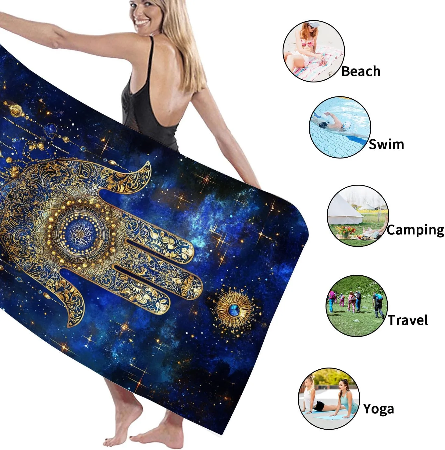 Bohemian Mandala Microfiber Beach Towel Blue Hand Design, Quick Dry Absorbent Sand Free Lightweight Towel, Vacation Pool Picnic Essentials 70x35 Inch