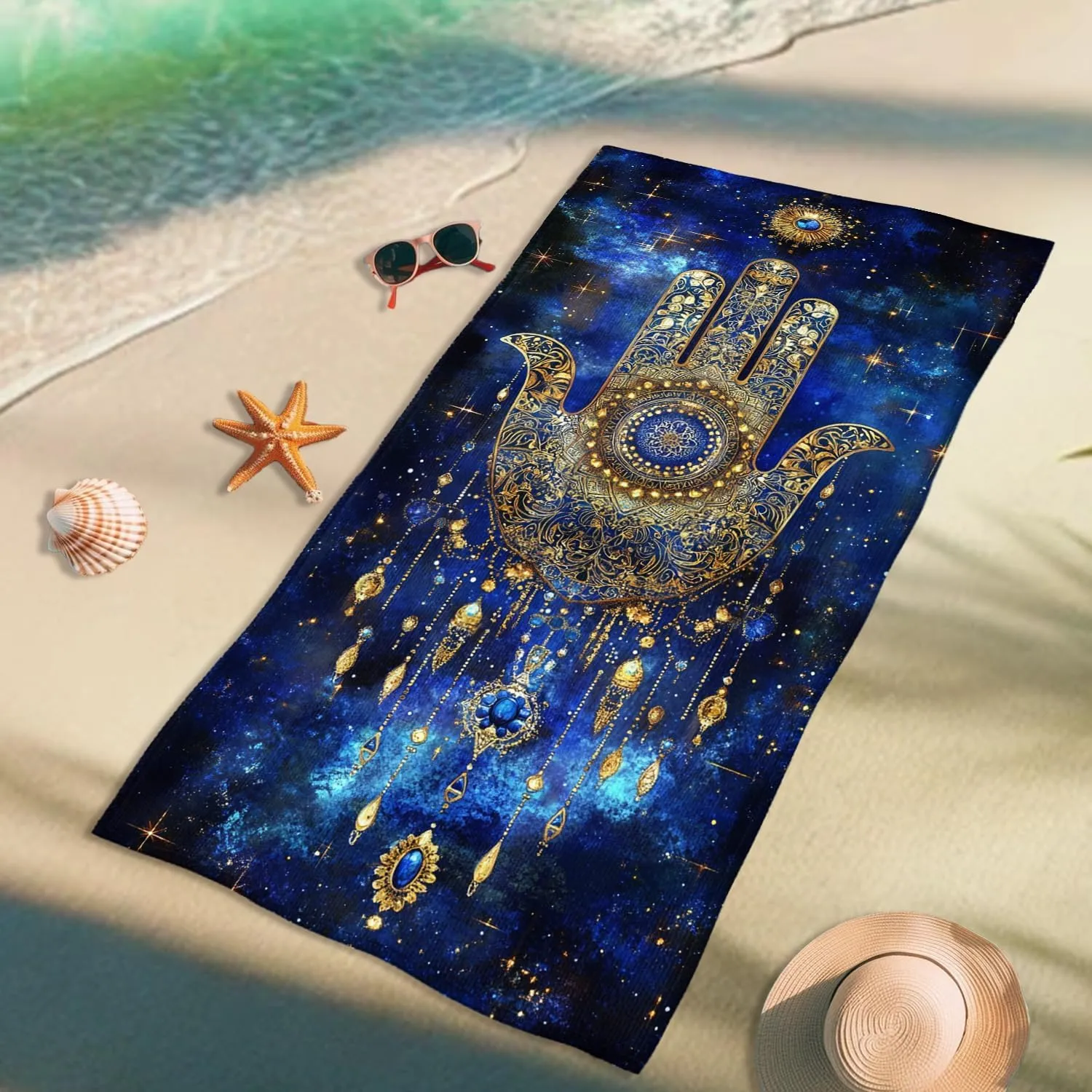 Bohemian Mandala Microfiber Beach Towel Blue Hand Design, Quick Dry Absorbent Sand Free Lightweight Towel, Vacation Pool Picnic Essentials 70x35 Inch