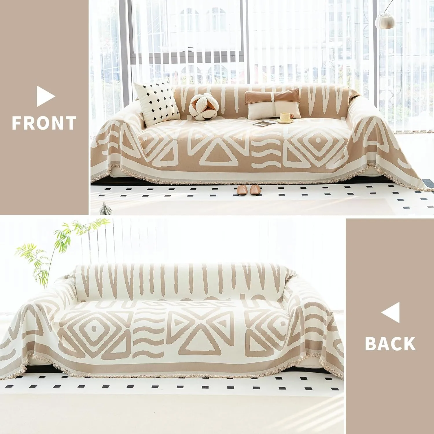 Boho Couch Cover for Sofa, Boho Chenille Sofa Covers, Bohemia Sofa Covers, Chenille Couch Cover for Recliner Couchs Cover Pet Friendly Washable(Khaki, 71"x 71")