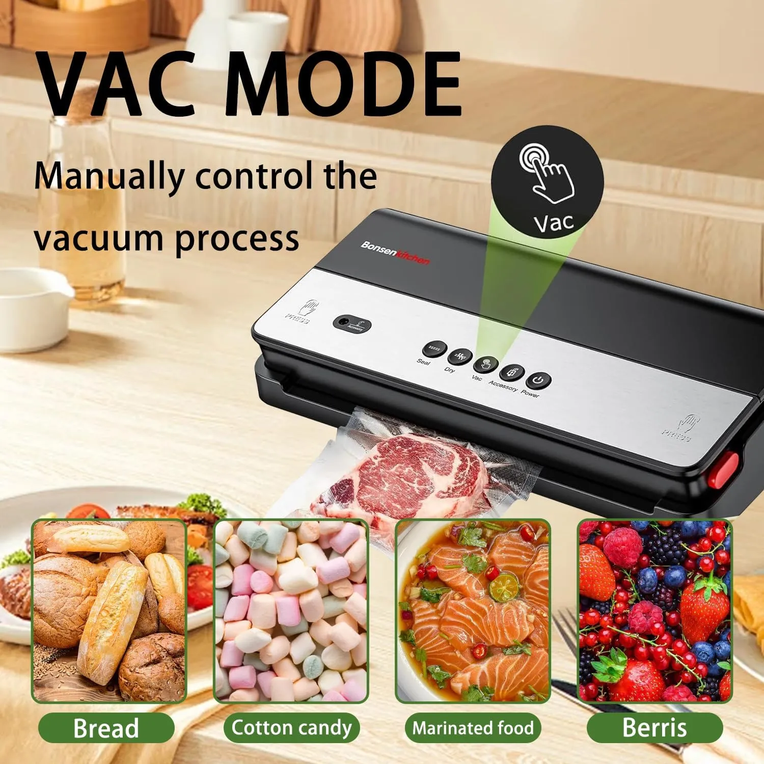 Bonsenkitchen Vacuum Sealer - Multi-Functional Food Sealer with Built-in Cutter and Bag Storage. High-Speed Continuous Operation with Globefish Technology. Includes Vacuum Bags and Roll Bag.