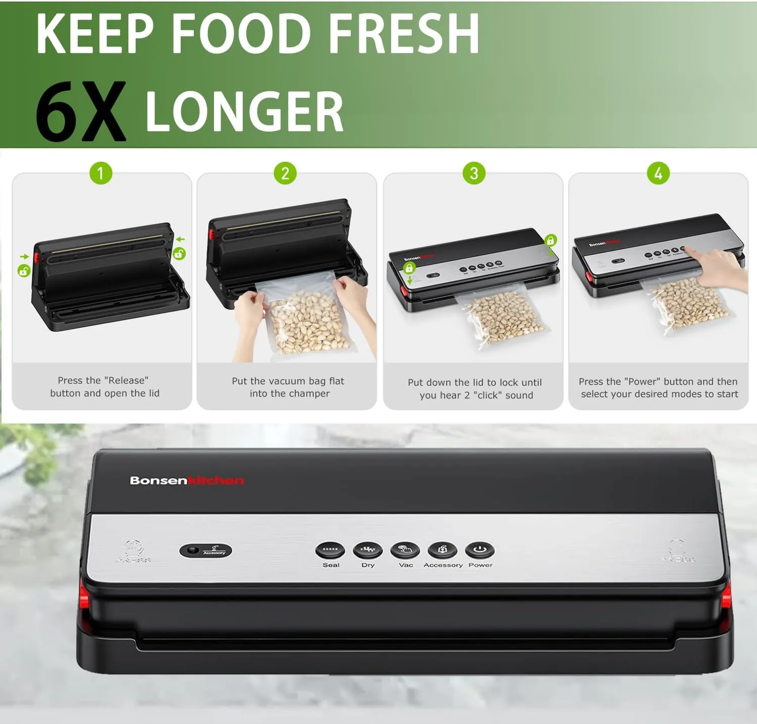 Bonsenkitchen Vacuum Sealer - Multi-Functional Food Sealer with Built-in Cutter and Bag Storage. High-Speed Continuous Operation with Globefish Technology. Includes Vacuum Bags and Roll Bag.