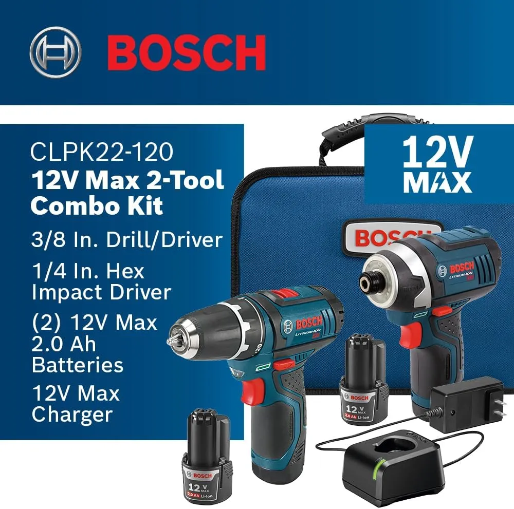 BOSCH CLPK22-120 12V Max Cordless 2-Tool Combo Kit with 3/8 In. Drill/Driver, 1/4 In. Impact Driver, (2) 2 Ah Batteries, Charger and Case