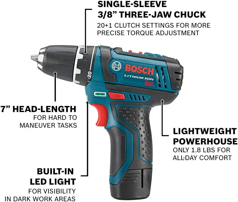 BOSCH CLPK22-120 12V Max Cordless 2-Tool Combo Kit with 3/8 In. Drill/Driver, 1/4 In. Impact Driver, (2) 2 Ah Batteries, Charger and Case