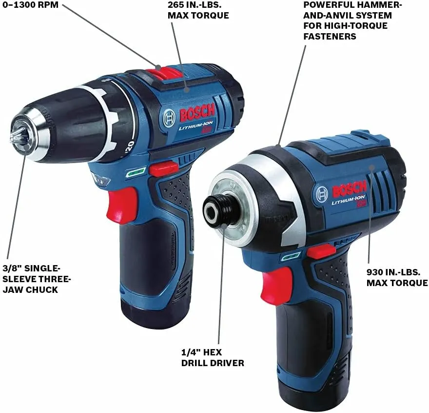 BOSCH CLPK22-120 12V Max Cordless 2-Tool Combo Kit with 3/8 In. Drill/Driver, 1/4 In. Impact Driver, (2) 2 Ah Batteries, Charger and Case
