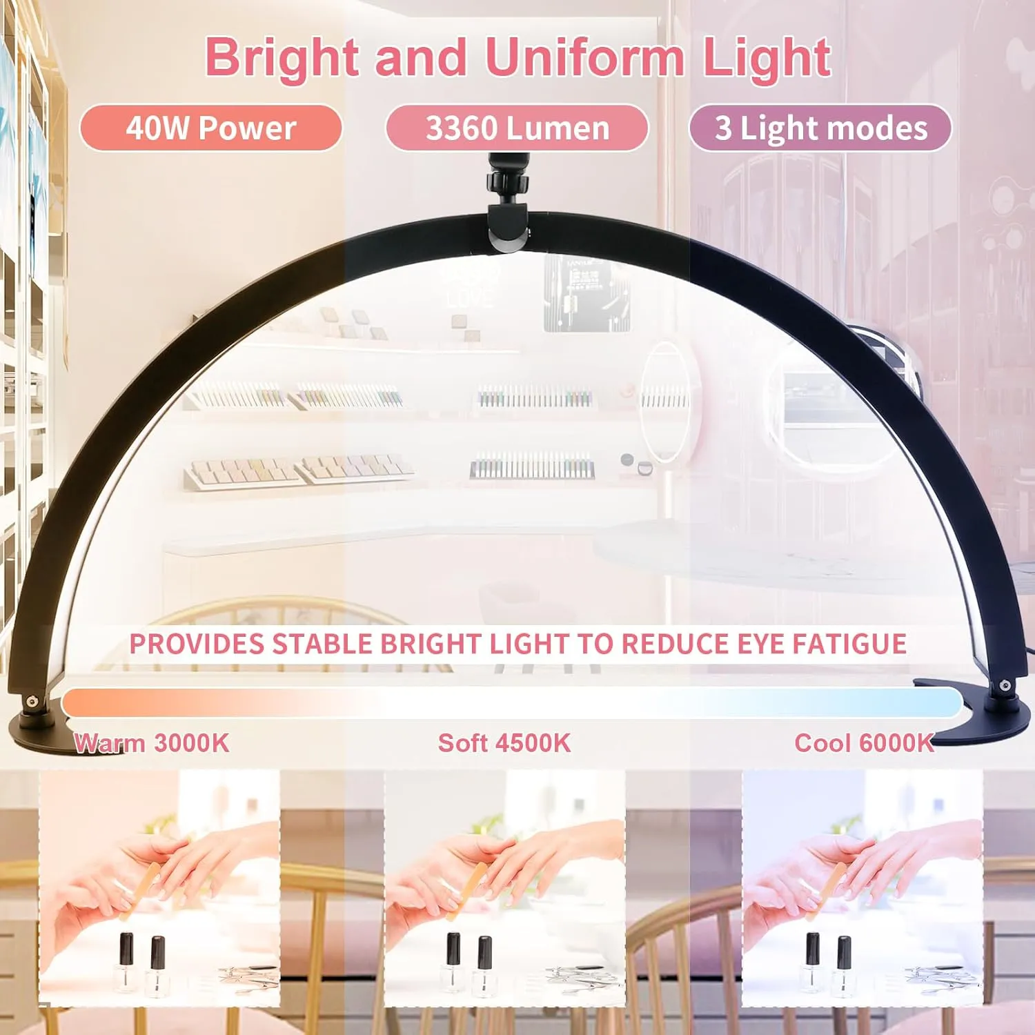 BQAN Half Moon Light for Nail Desk, 29'' 40W Nail Tech Desk Lamp with Phone Holder & Wire Controller & Remote, Stepless Adjustment Desk Lamp for Nails, Tattoo, Eyelash Extensions (Black)