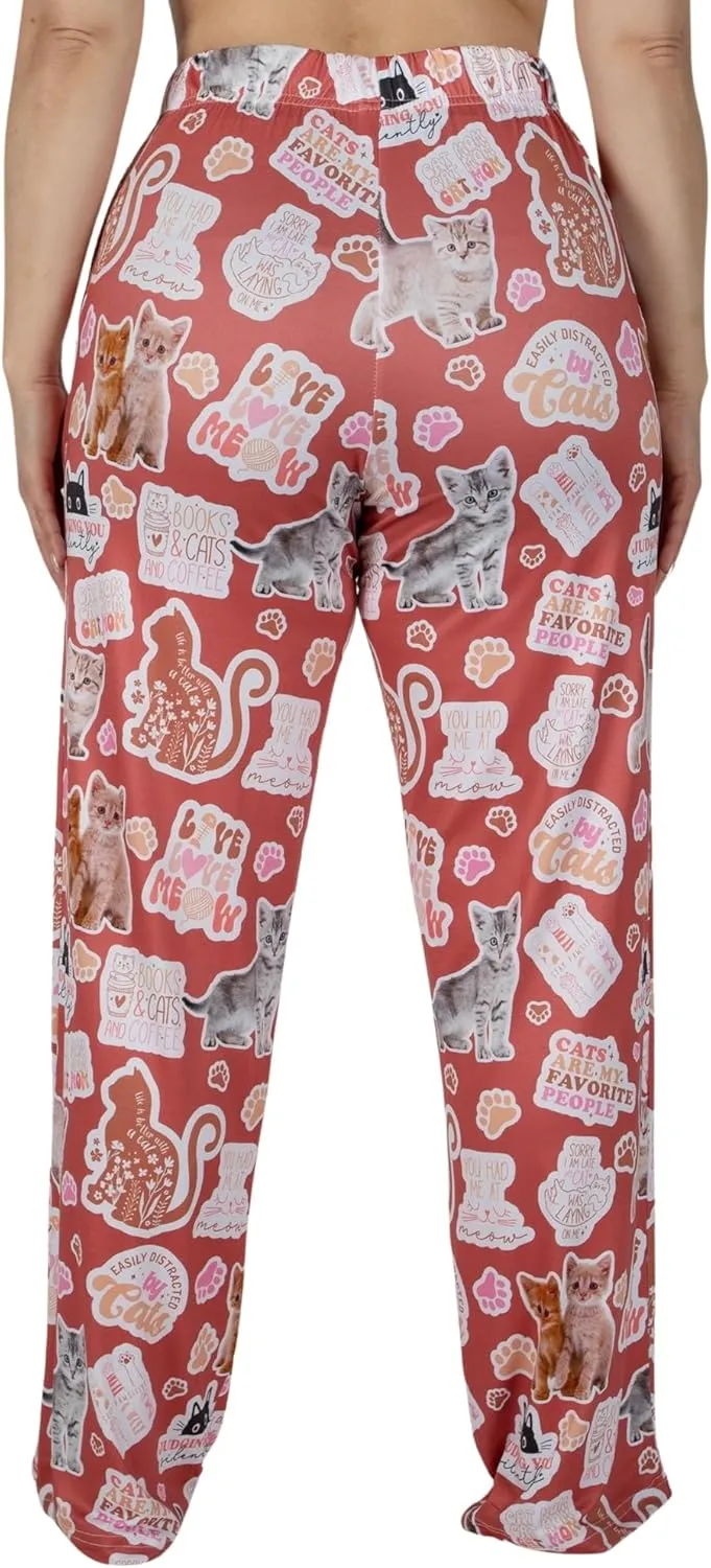 BRIEF INSANITY Kitty Cat Lounge Pajama Pants - Silky Soft, Breathable, Stretchy, with Pockets & Drawstring Waistband