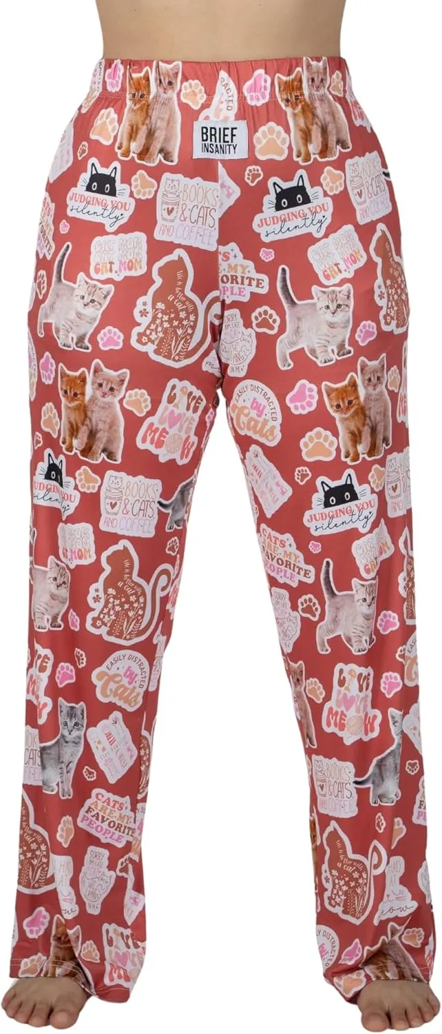 BRIEF INSANITY Kitty Cat Lounge Pajama Pants - Silky Soft, Breathable, Stretchy, with Pockets & Drawstring Waistband