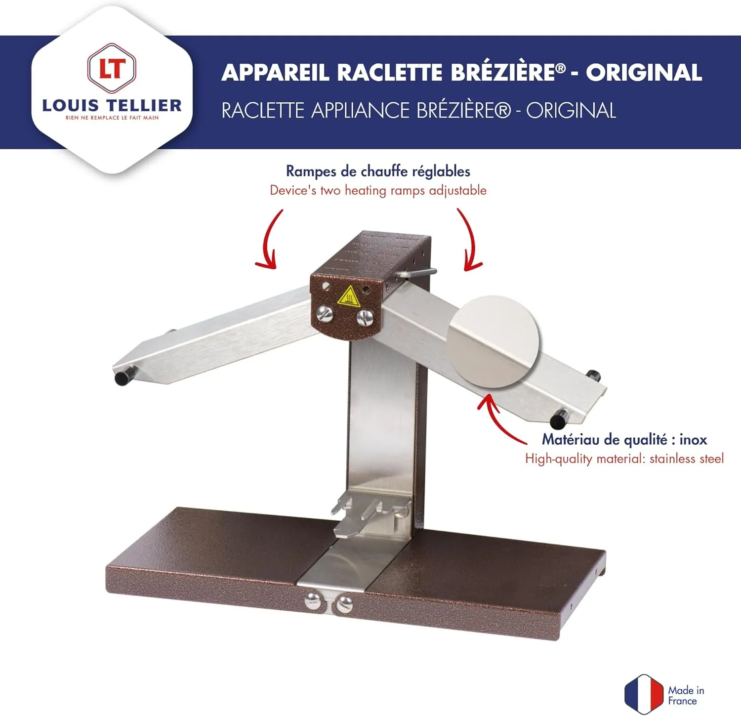 BRON COUCKE - Commercial Raclette Cheese Melter "Brézière"- Traditional French Raclette For Quarter Wheel – 4-Person - Adjustable Heating Rods - Foldable - Safety Switch - 110V