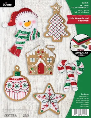Bucilla, Jolly Gingerbread Snowman, Perfect for DIY Arts and Crafts Projects Felt Applique 6 Piece Ornament Making Kit, 89783E
