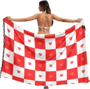 Buffalo Plaid Check Red White Heart Swimsuit Cover Ups Beach Vacation Soft Swim Cover Up For Women Beach Skirt 45x70in