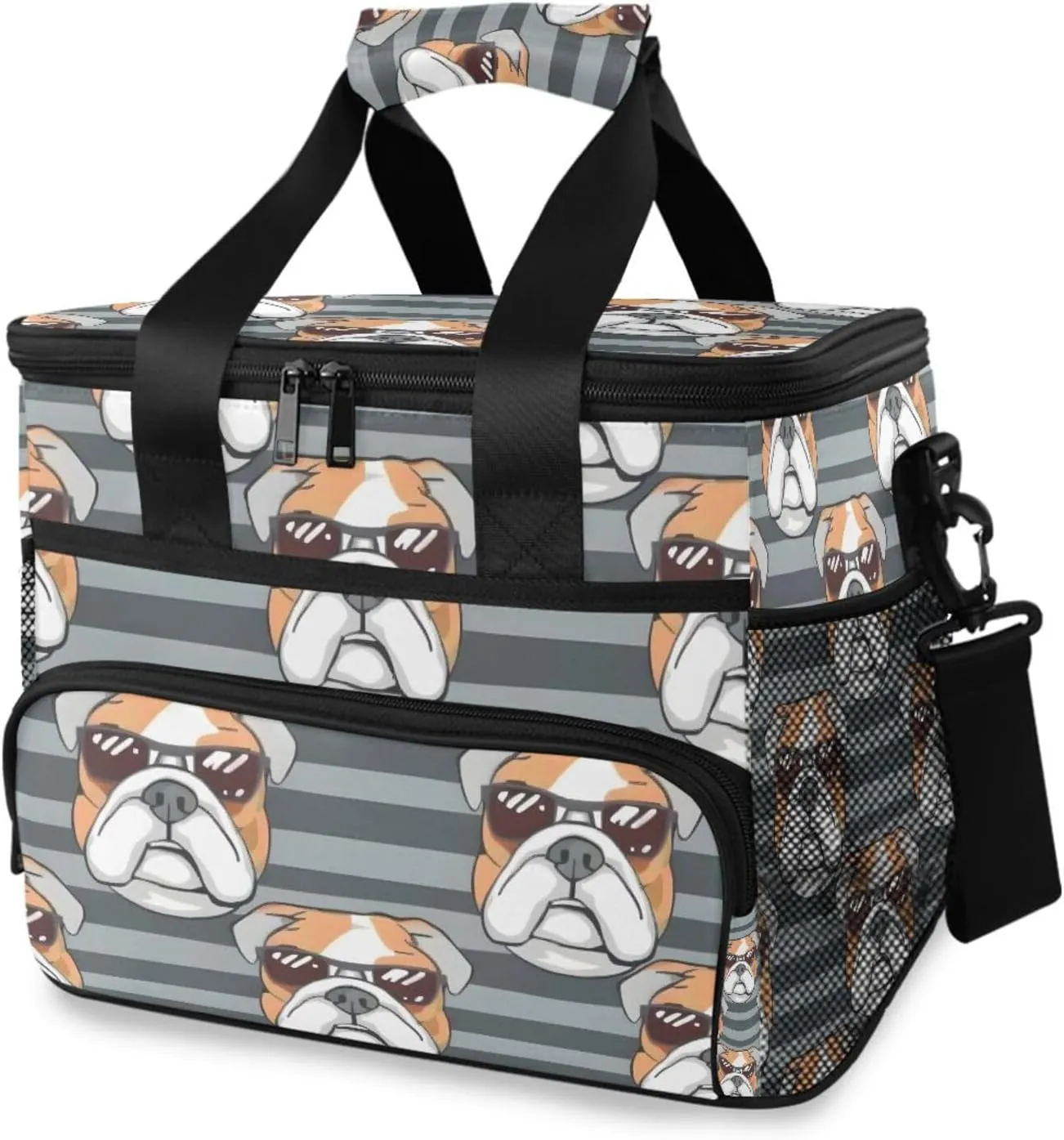Bulldog Dog Striped Pet Cooler Bag Insulated Cooler Soft Sided Cooler 24 Can Portable Picnic Bag Large Leakproof Lunch Bag Box for Beach Grocery Camping Travel Car Men Women