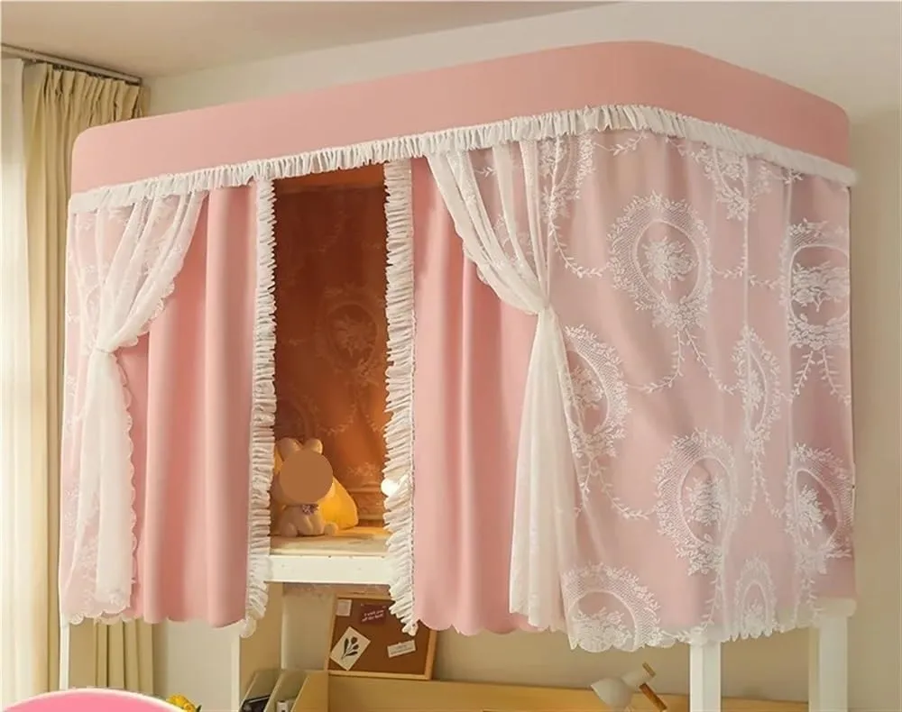Bunk Bed Curtain Set, Blackout and Embroidered Mesh Bed with Brackets, Bed Curtains for Students, Loft Bed Blackout Bed Canopy for Single Beds and Loft Beds(Pink,150cm/59in)