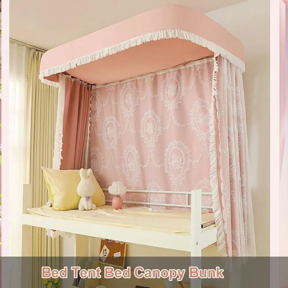 Bunk Bed Curtain Set, Blackout and Embroidered Mesh Bed with Brackets, Bed Curtains for Students, Loft Bed Blackout Bed Canopy for Single Beds and Loft Beds(Pink,150cm/59in)