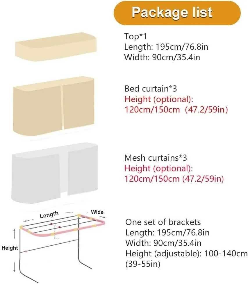 Bunk Bed Curtain Set, Blackout and Embroidered Mesh Bed with Brackets, Bed Curtains for Students, Loft Bed Blackout Bed Canopy for Single Beds and Loft Beds(Pink,150cm/59in)