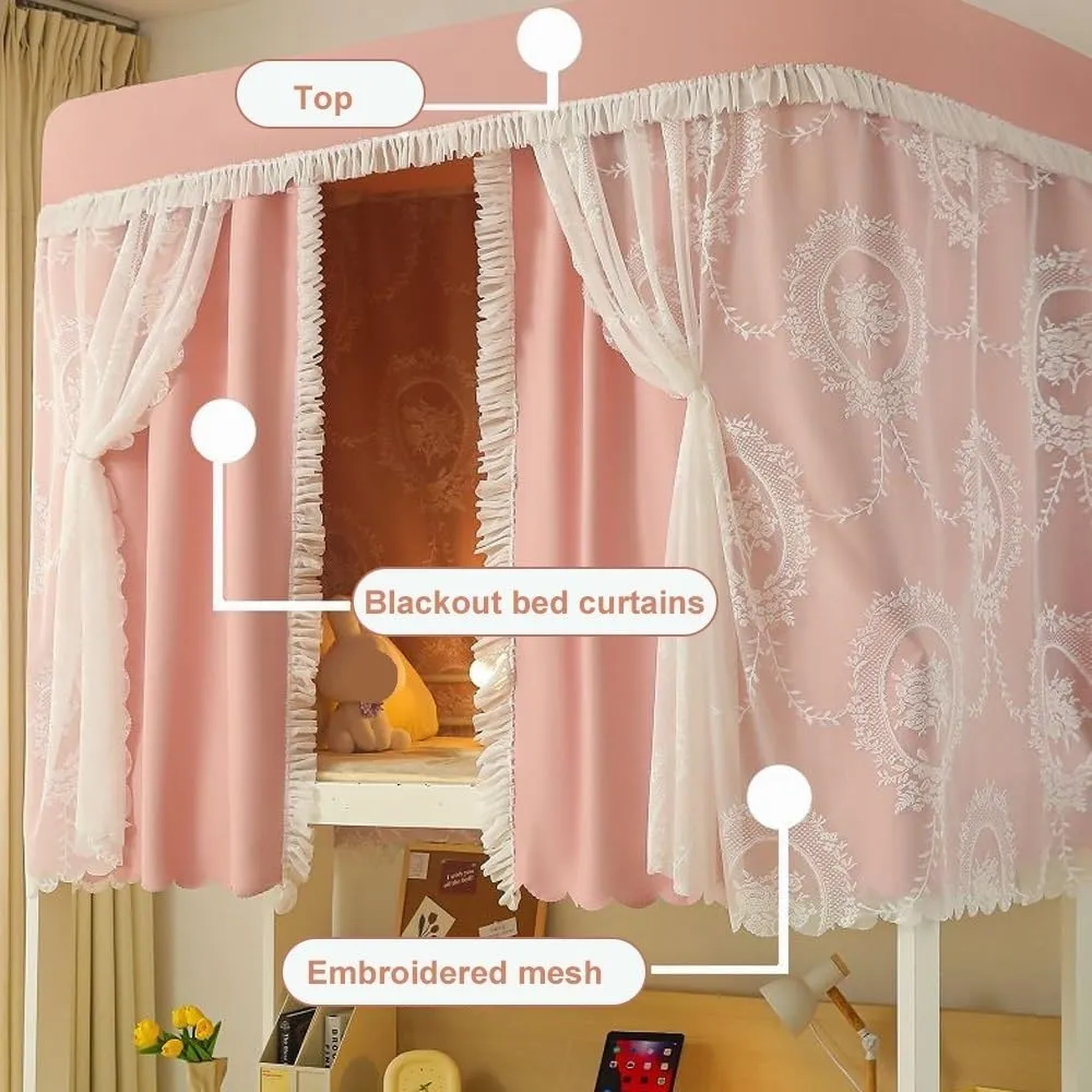 Bunk Bed Curtain Set, Blackout and Embroidered Mesh Bed with Brackets, Bed Curtains for Students, Loft Bed Blackout Bed Canopy for Single Beds and Loft Beds(Pink,150cm/59in)